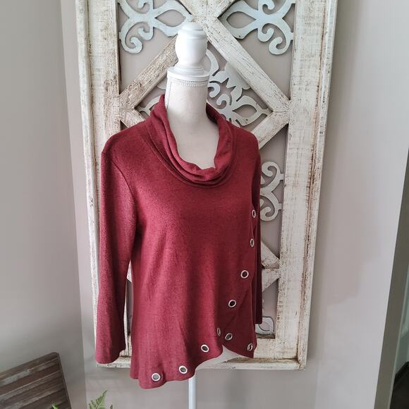 Notations Women's Petite Small 3/4 Sleeve Asymmetric Grommet Cowl Neck Top - Picture 1 of 5